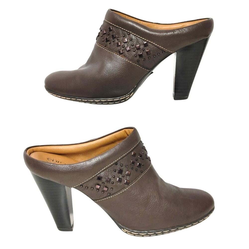 EuroSoft by Sofft Carris Brown Leather Mule Embellished High Heels Womens 6.5M